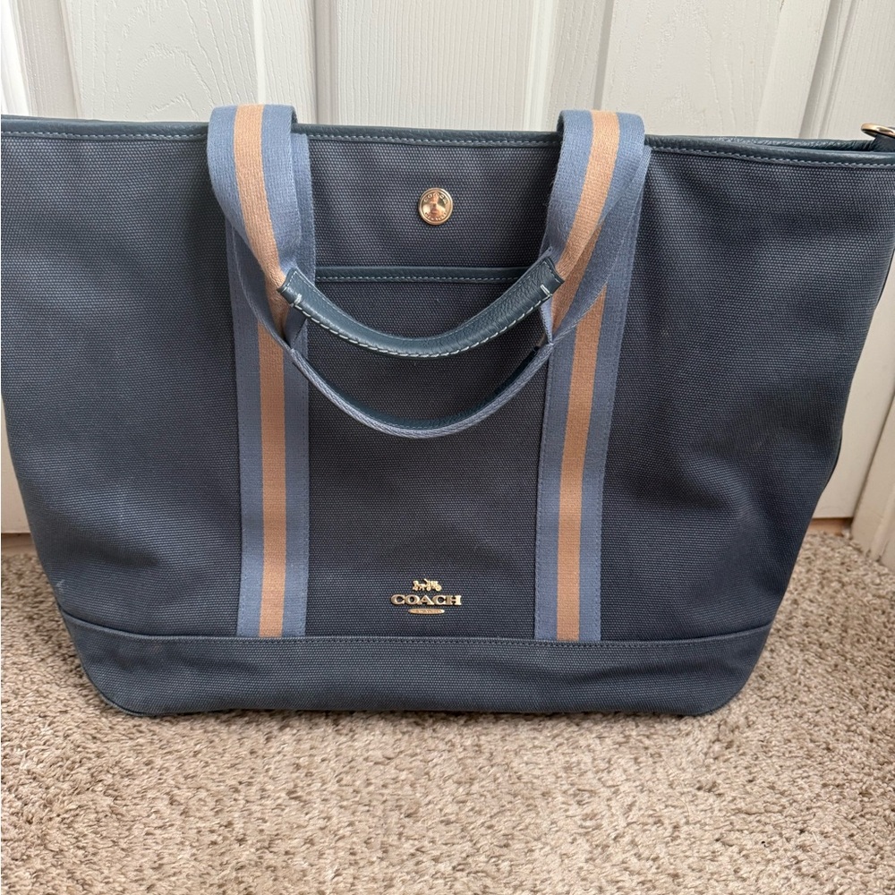 Coach Navy Canvas Tote with Blue and Tan Straps